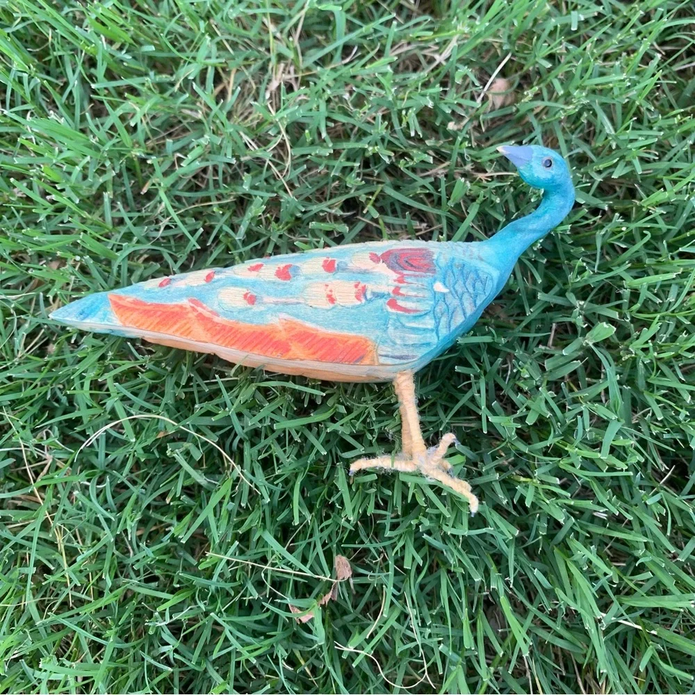 Bird Carved Colorful Wood Peacock Bird Figurine Vintage Decor